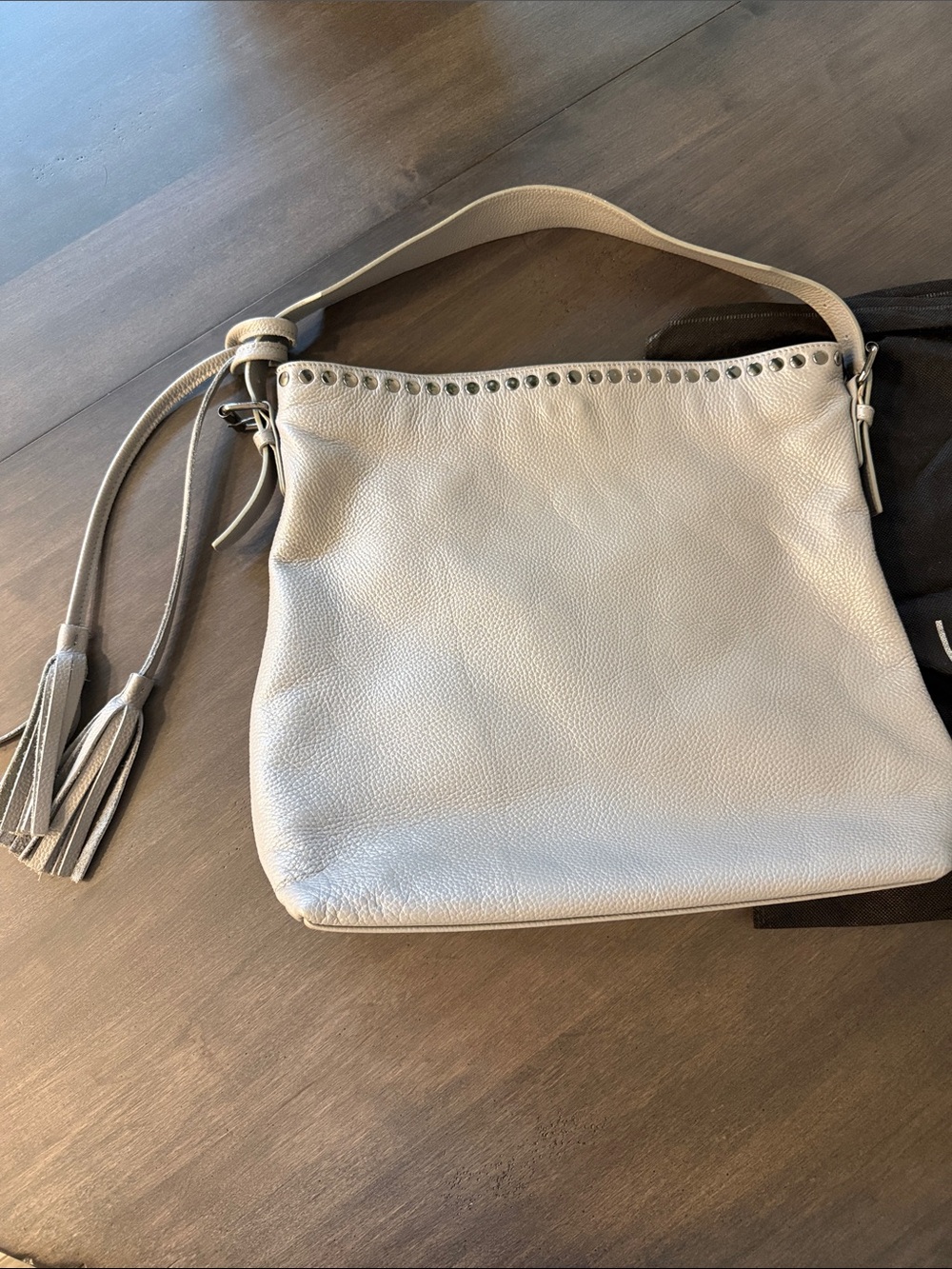 LAGGO Pebbled Leather Tassel Shoulder Bag in Light Gray